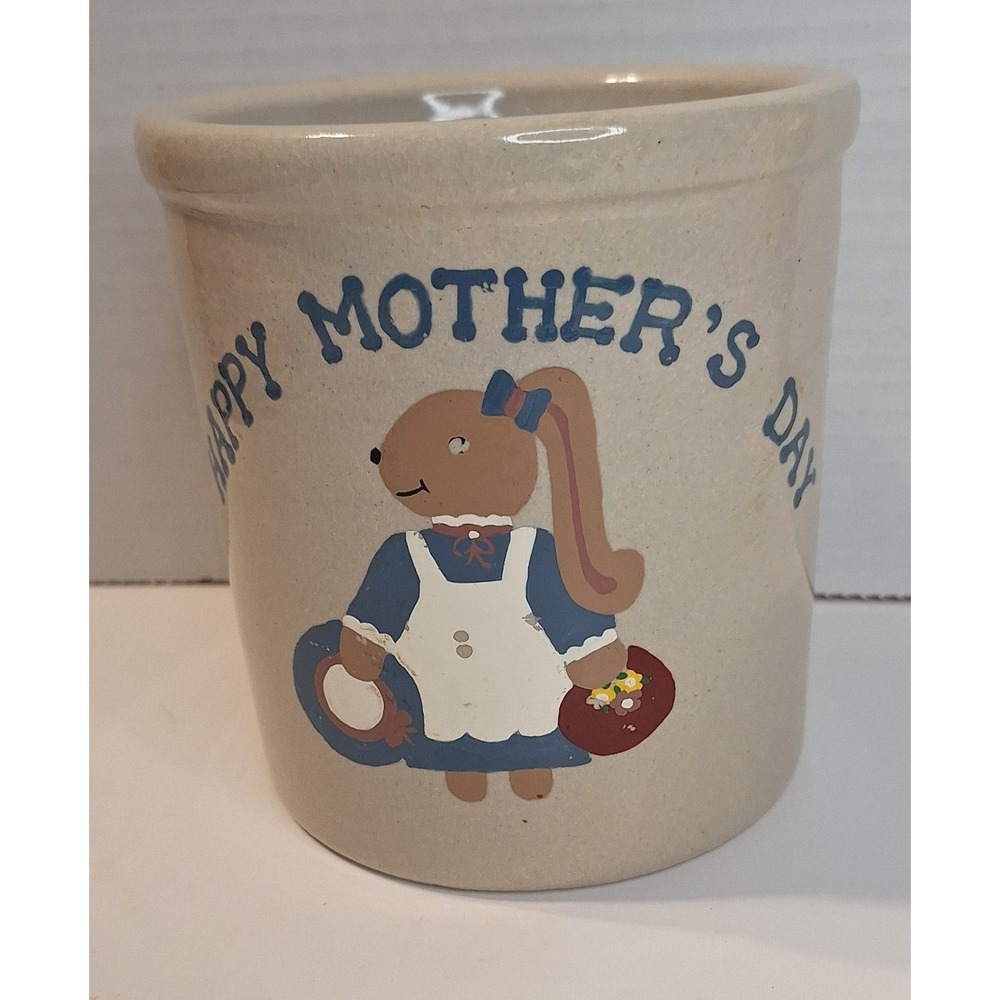 Vtg Robinson Ransbottom Happy Mother's Day Stoneware Crock Bunny Rabbit‎ Pottery
